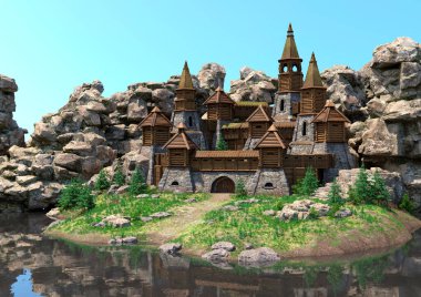 Dışarıdaki bir ortaçağ kalesinin 3D görüntüsü