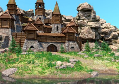 Dışarıdaki bir ortaçağ kalesinin 3D görüntüsü