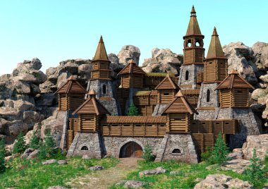 Dışarıdaki bir ortaçağ kalesinin 3D görüntüsü