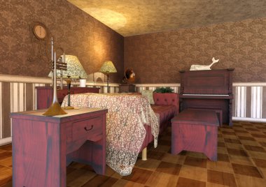 Eski bir oturma odasının 3 boyutlu görüntüsü