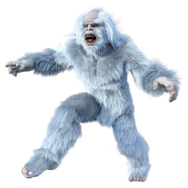 Yeti 'nin beyaz arka planda izole ettiği 3 boyutlu bir fantezi yaratığı.