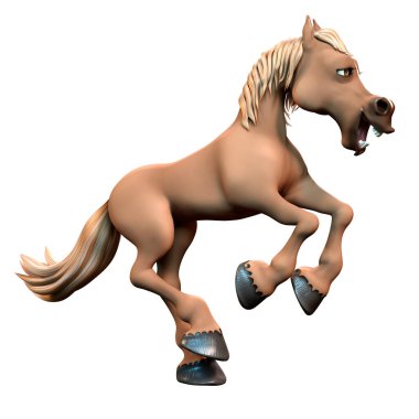 Beyaz arka planda izole edilmiş kahverengi çizgi film atının 3D görüntüsü