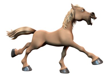 Beyaz arka planda izole edilmiş kahverengi çizgi film atının 3D görüntüsü