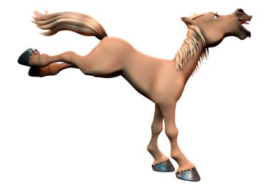 Beyaz arka planda izole edilmiş kahverengi çizgi film atının 3D görüntüsü