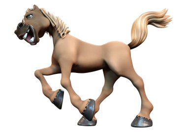 Beyaz arka planda izole edilmiş kahverengi çizgi film atının 3D görüntüsü