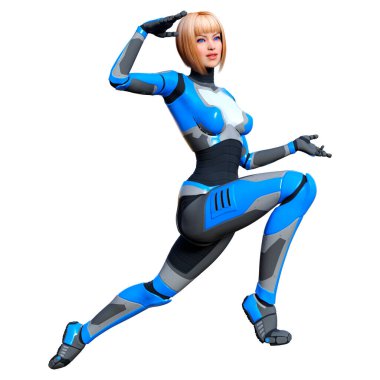 Beyaz arka planda izole edilmiş bir kadın robotun 3 boyutlu canlandırması