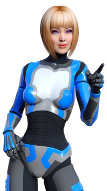 Beyaz arka planda izole edilmiş bir kadın robotun 3 boyutlu canlandırması