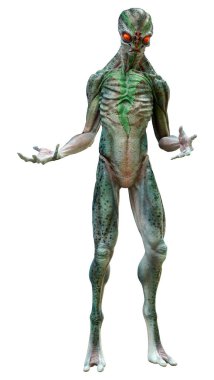 Beyaz arka planda izole edilmiş yeşil bir uzaylının 3 boyutlu görüntüsü