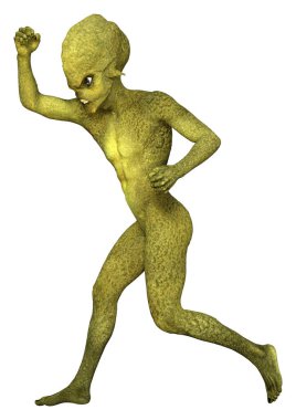 Beyaz arka planda izole edilmiş yeşil bir uzaylının 3 boyutlu görüntüsü