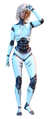 Beyaz arka planda izole edilmiş bir kadın robotun 3 boyutlu canlandırması