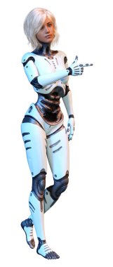 Beyaz arka planda izole edilmiş bir kadın robotun 3 boyutlu canlandırması