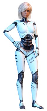 Beyaz arka planda izole edilmiş bir kadın robotun 3 boyutlu canlandırması