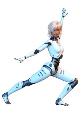 Beyaz arka planda izole edilmiş bir kadın robotun 3 boyutlu canlandırması