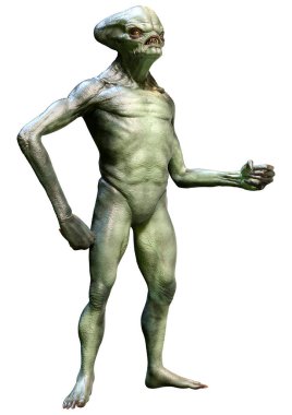 Beyaz arka planda izole edilmiş yeşil bir uzaylının 3 boyutlu görüntüsü