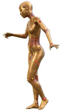 Beyaz arka planda izole edilmiş bir kadın robotun 3 boyutlu canlandırması