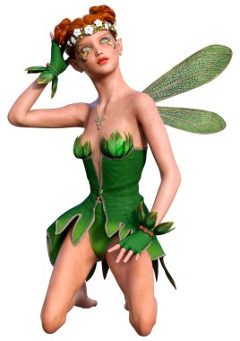 Beyaz arkaplanda izole edilmiş bir bahar perisinin 3 boyutlu canlandırması