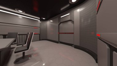 Bir bilim kurgu toplantı odasının 3 boyutlu canlandırması