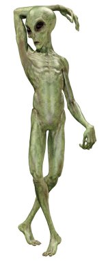 Beyaz arka planda izole edilmiş yeşil bir uzaylının 3 boyutlu görüntüsü