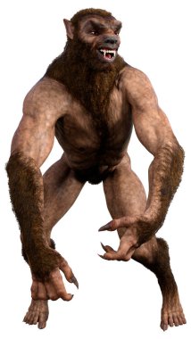 Beyaz arka planda 3 boyutlu bir kurt adam ya da Lycanthrope görüntüsü izole edilmiş.