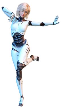 Beyaz arka planda izole edilmiş bir kadın robotun 3 boyutlu canlandırması