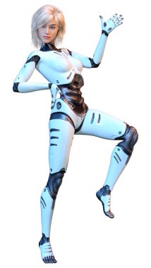 Beyaz arka planda izole edilmiş bir kadın robotun 3 boyutlu canlandırması