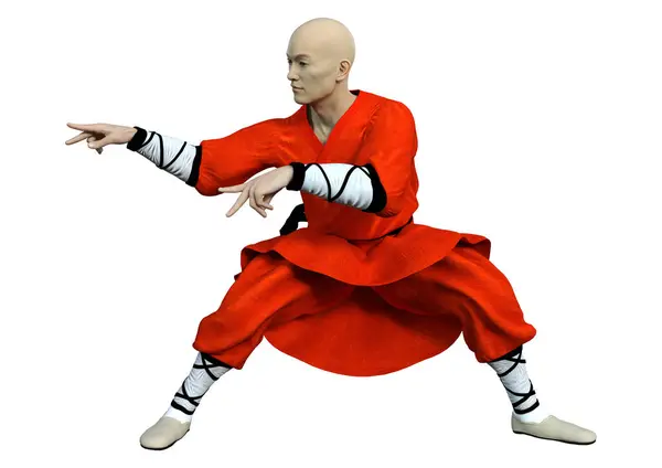 Representación Monje Shaolin Haciendo Ejercicio Aislado Sobre Fondo Blanco Fotos De Stock