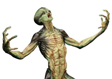 Beyaz arka planda izole edilmiş yeşil bir uzaylının 3 boyutlu görüntüsü