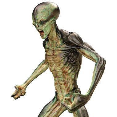 Beyaz arka planda izole edilmiş yeşil bir uzaylının 3 boyutlu görüntüsü