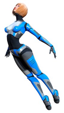 Beyaz arka planda izole edilmiş bir kadın robotun 3 boyutlu canlandırması