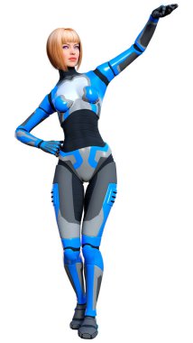 Beyaz arka planda izole edilmiş bir kadın robotun 3 boyutlu canlandırması