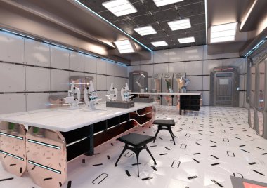 Fütürist bir bilim kurgu laboratuvarının 3B görüntülemesi