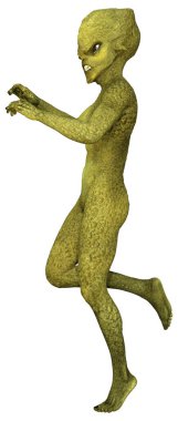 Beyaz arka planda izole edilmiş yeşil bir uzaylının 3 boyutlu görüntüsü