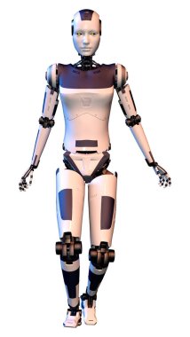 Beyaz arka planda izole edilmiş bir kadın robotun 3 boyutlu canlandırması
