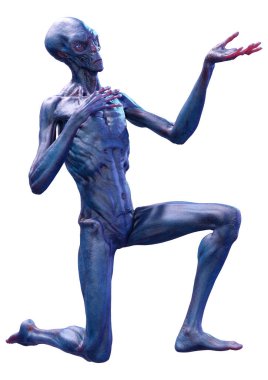 Beyaz arka planda izole edilmiş mavi bir uzaylının 3 boyutlu görüntüsü