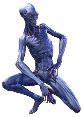 Beyaz arka planda izole edilmiş mavi bir uzaylının 3 boyutlu görüntüsü