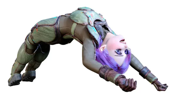 一个身穿航天服 身披紫色头发 背景为白色的动漫少女的3D渲染 图库照片