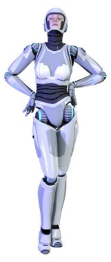 Beyaz arka planda izole edilmiş bir kadın robotun 3 boyutlu canlandırması
