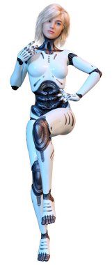 Beyaz arka planda izole edilmiş bir kadın robotun 3 boyutlu canlandırması