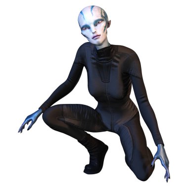 Beyaz arka planda izole edilmiş mavi dişi bir uzaylının 3 boyutlu görüntüsü