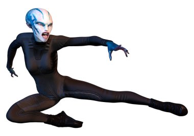 Beyaz arka planda izole edilmiş mavi dişi bir uzaylının 3 boyutlu görüntüsü