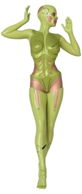 Beyaz arka planda izole edilmiş bir kadın robotun 3 boyutlu canlandırması