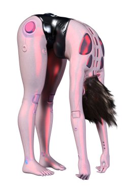 Beyaz arka planda izole edilmiş bir kadın robotun 3 boyutlu canlandırması