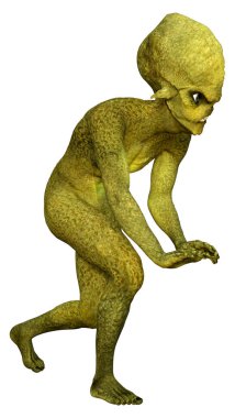 Beyaz arka planda izole edilmiş yeşil bir uzaylının 3 boyutlu görüntüsü