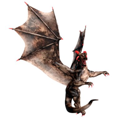 Beyaz arka planda izole edilmiş bir fantezi ejderhanın 3 boyutlu canlandırması