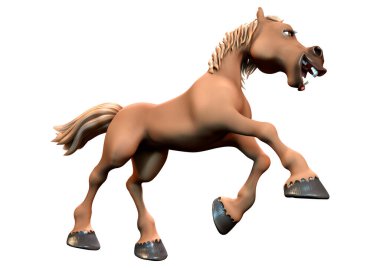 Beyaz arka planda izole edilmiş kahverengi çizgi film atının 3D görüntüsü