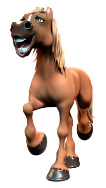 Beyaz arka planda izole edilmiş kahverengi çizgi film atının 3D görüntüsü