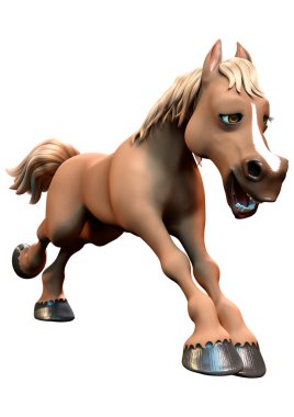 Beyaz arka planda izole edilmiş kahverengi çizgi film atının 3D görüntüsü