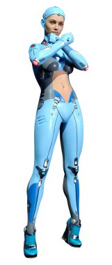 Beyaz arka planda izole edilmiş bir kadın robotun 3 boyutlu canlandırması