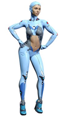 Beyaz arka planda izole edilmiş bir kadın robotun 3 boyutlu canlandırması