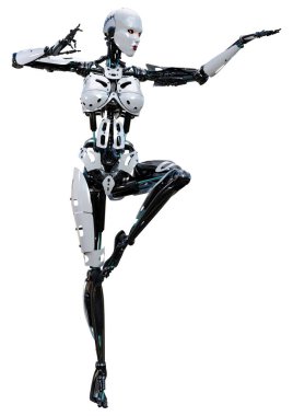 Beyaz arka planda izole edilmiş bir kadın robotun 3 boyutlu canlandırması